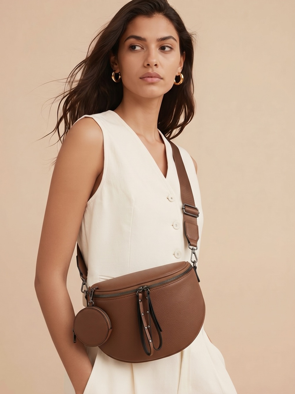 Women’s Brown Pebbled Crossbody Belt Bag with Coin Pouch - Picture 8 of 16